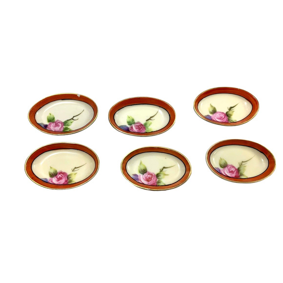 Nippon Vintage Floral Celery Dish & 6 Salt Dishes Orange Gold Trim Japan - Picture 3 of 9